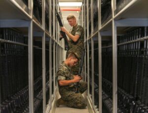 Marines who work at the armory perform weapons checks. The armory is in charge of over 10,000 rifles on Parris Island. (U.S. Marine Corps photo by Lance Cpl. Ryan Hageali)
