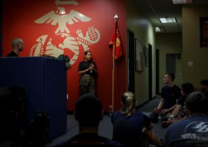 Pfc. Yessica Mendozacorona speaks with poolees at Recruiting Sub Station Lexington, as part of the Command Recruiting Program (CDR), Lexington, South Carolina. (U.S. Marine Corps photo by Cpl. Dylan Walters)