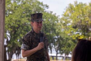 Brig. Gen. Julie L. Nethercot, MCRD Parris Island and ERR Commanding General, gives a speech at a ceremony to unearth a time capsule at the 4th RTB., May 5, 2022. (U.S. Marine Corps photo by Lance Cpl. Michelle Brudnicki)